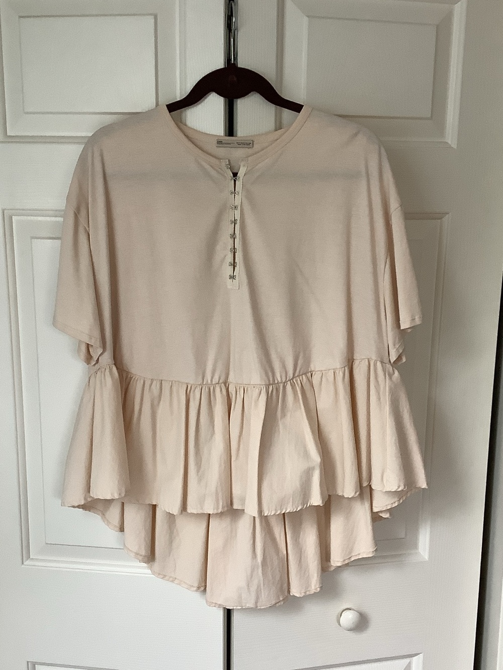 Zara Pale Blush Ruffle-Hem Henley Tunic